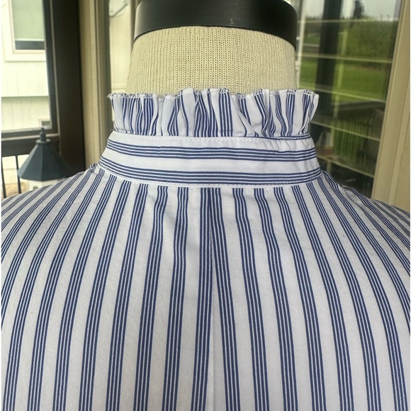 J CREW ⛵️ Women’s Navy & White Stripe Ruffled Collar All Cotton Blouse - Sz XXS - Picture 5 of 13